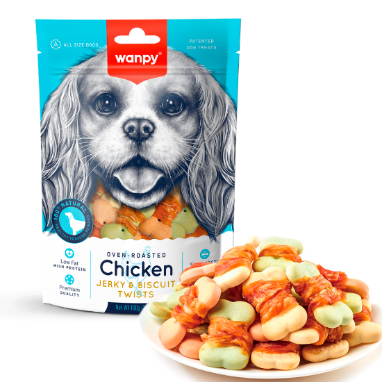 Billede af Wanpy Dog Chicken Jerky & Biscuit Twists 100g