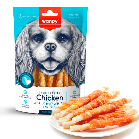 Billede af Wanpy Dog Chicken Jerky & Rawhide Twists 100g