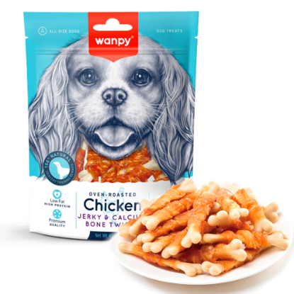 Billede af Wanpy Dog Chicken Jerky & Calcium Bone Twists 100g
